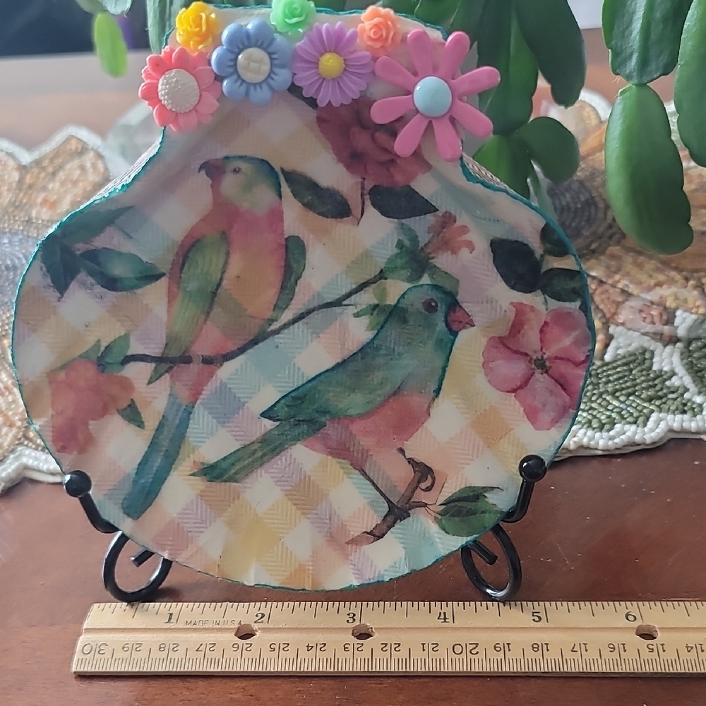 Colorful Bird Decorative Sea Shell With Flowers. Easel Included.